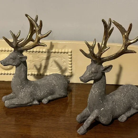 Gray and Gold Reindeer, sitting  Set of 2 - Picture 1 of 6